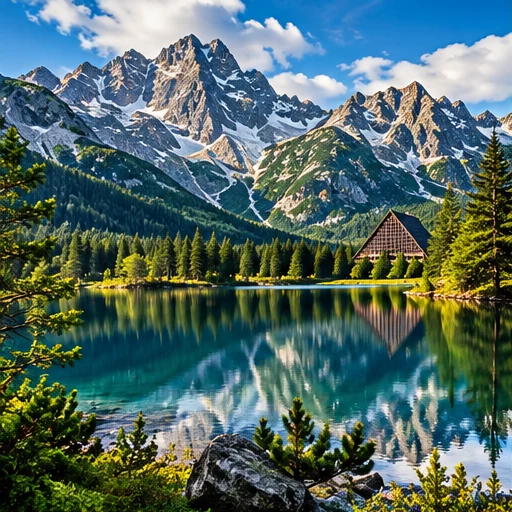Słowackie Tatry i malownicze jezioro wśród szczytów